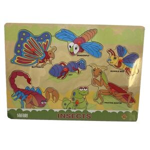 New Safari Insect Wooden‎ Chunky 7 Piece Toddler Puzzle With Pegs 11.75"